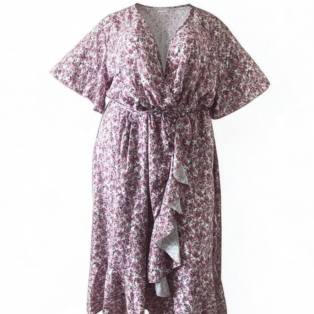 Bloomchic Womens Size 22 Purple Floral Wrap V-Neck Ruffle Midi Dress